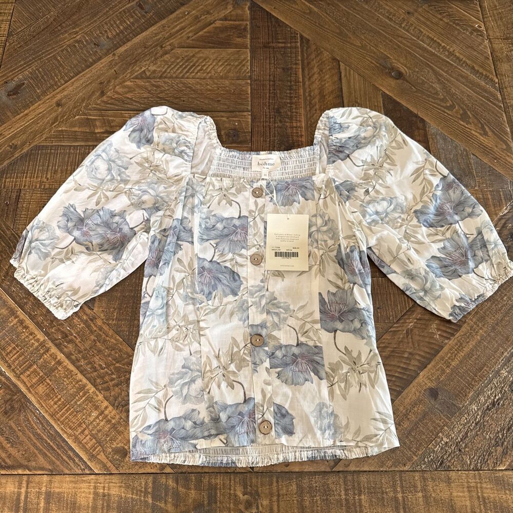 Seafoam Floral Puff-Sleeve Button-Front Top